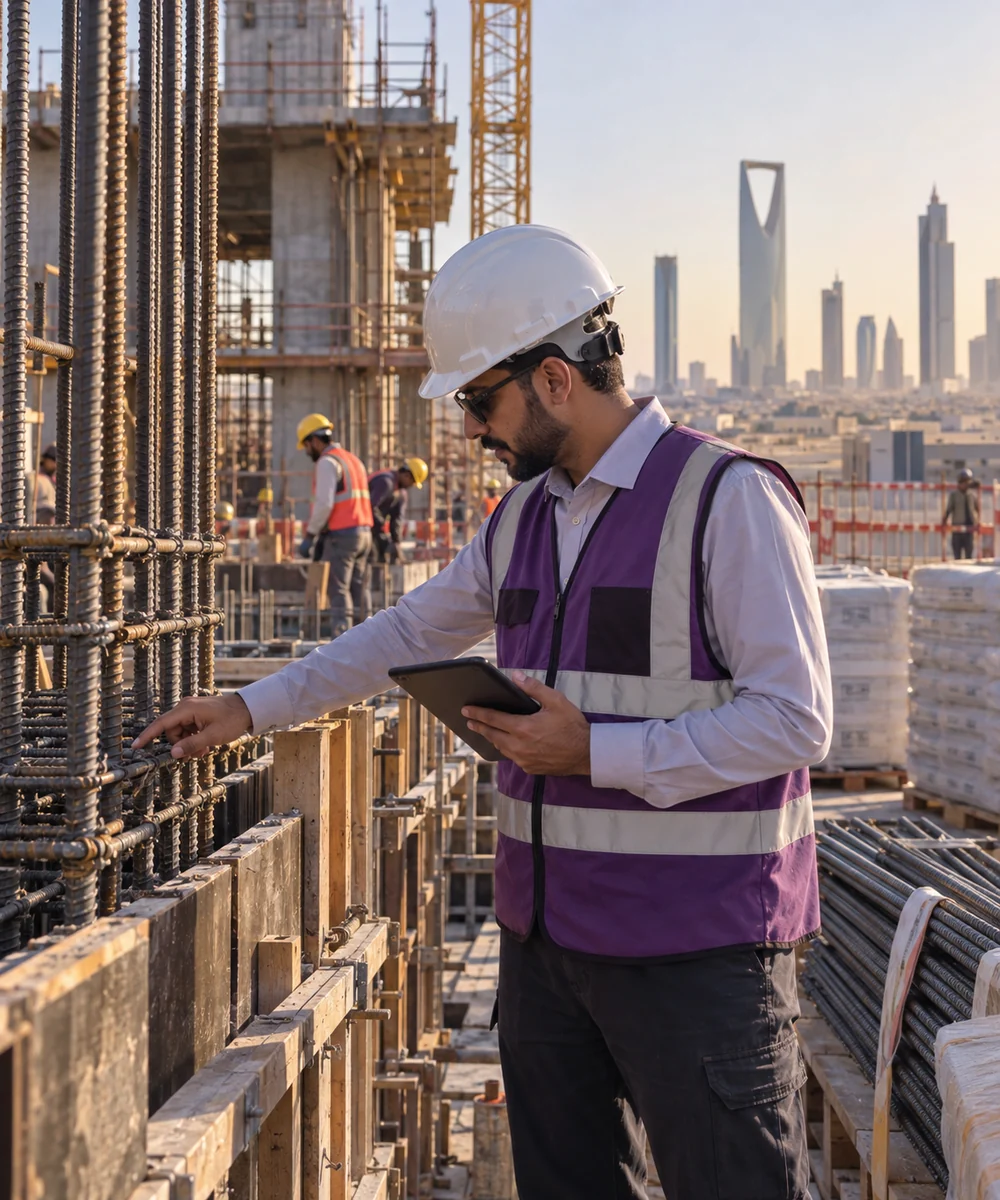 مهندس إشراف يفحص أعمال التنفيذ وضمان الجودة