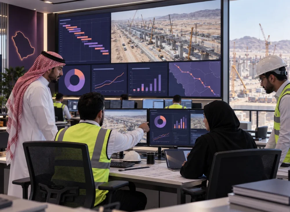 فريق إدارة مشاريع يراجع مؤشرات الوقت والتكلفة والمخاطر