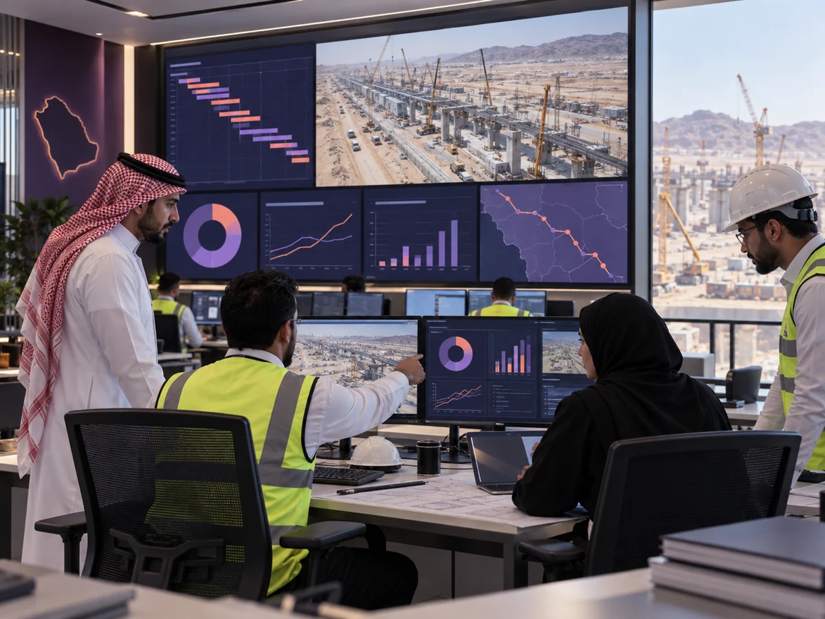 فريق إدارة مشاريع يراجع مؤشرات الوقت والتكلفة والمخاطر