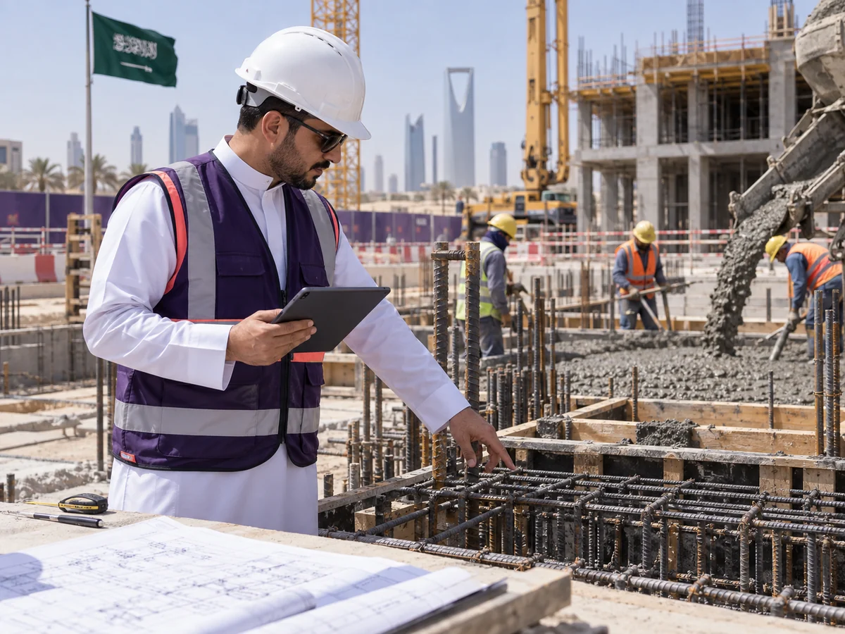 مهندس إشراف يفحص الخرسانة وحديد التسليح في الموقع